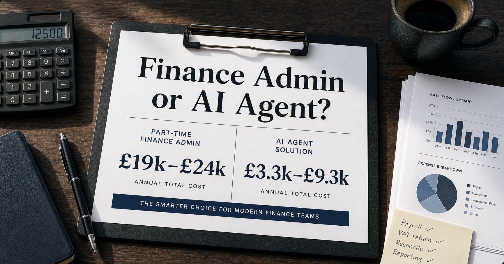 Finance Admin or AI Agent cost comparison on a clipboard