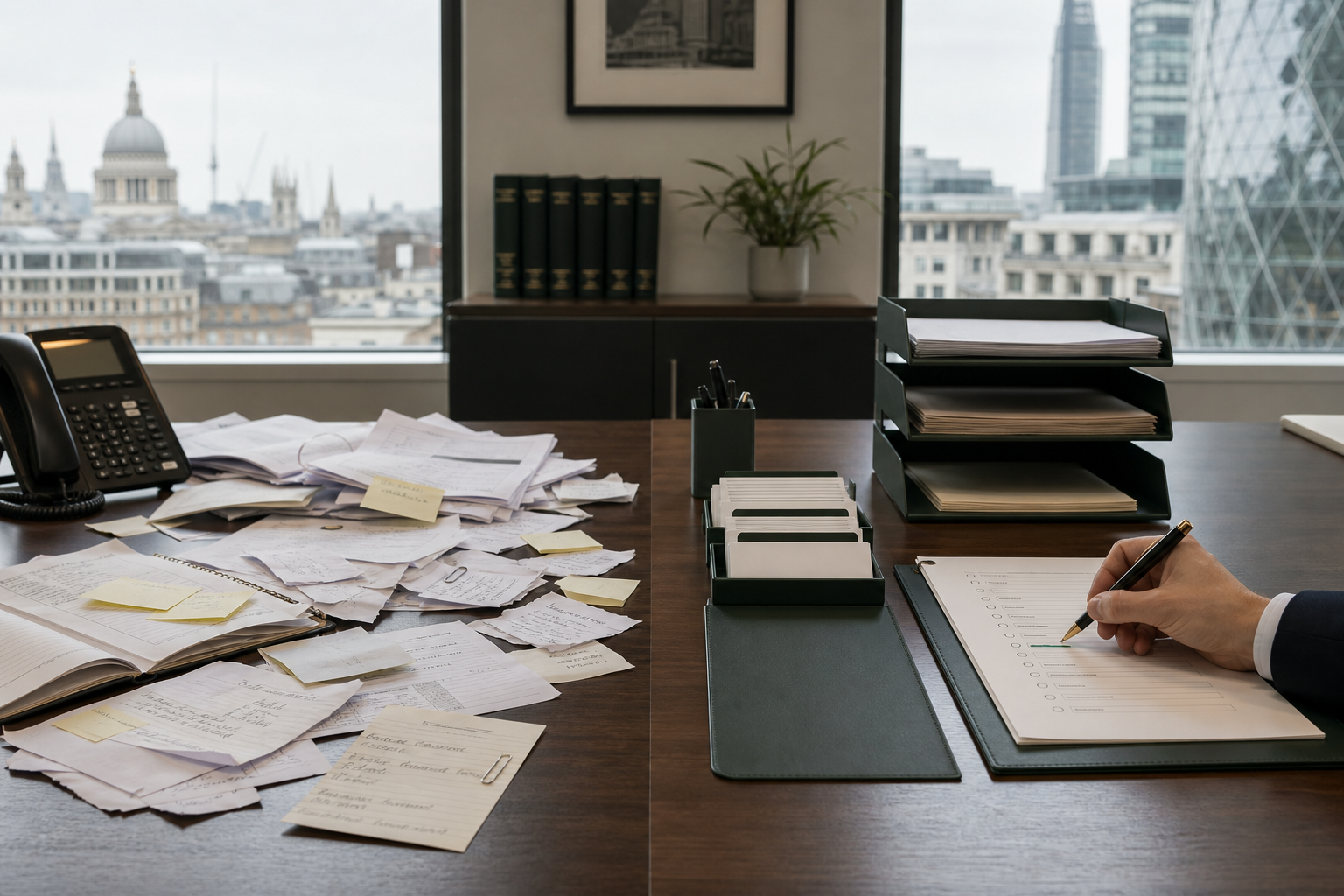 A desk showing the contrast between messy enquiry handling and an orderly intake review workflow