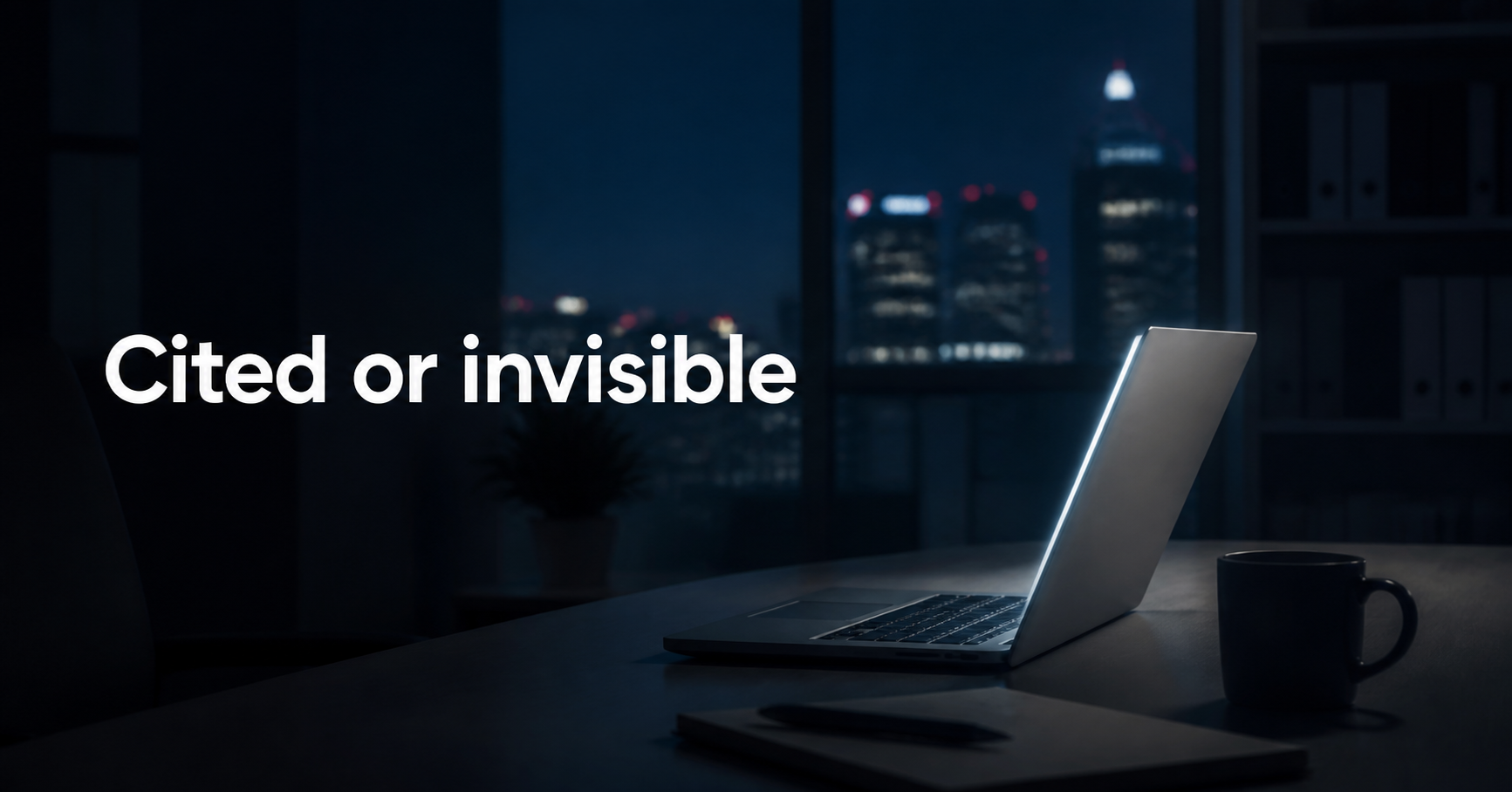 Cited or invisible: a laptop glowing in a modern office at night